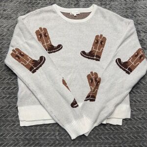No Comment Cowboy Boot Sweater M White Brown Western Knit RS638636 (1871)‎